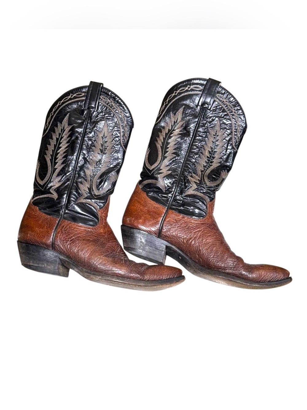 Vintage Tony Lama Men's Brown and Black Fancy Western Cowboy Boots
